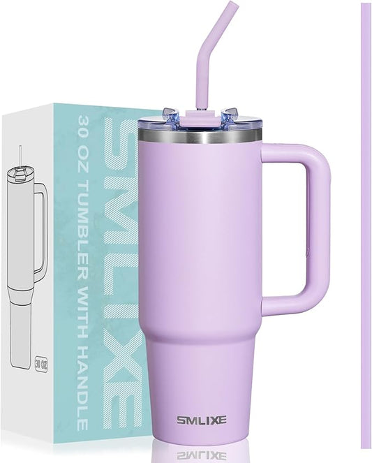30 oz Tumbler with Handle, Tumbler with Lid and Straw, Double Wall Vacuum Insulated Travel Mug Stainless Steel Tumbler for Hot and Cold, Cupholder Friendly (Purple) - Bloomnest