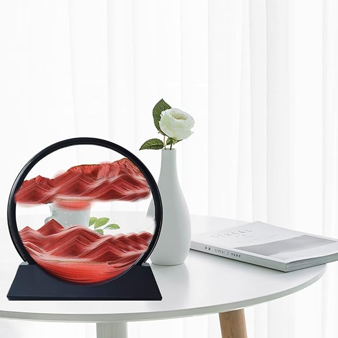 BGFJYUK Moving Sand Art Picture in Motion, Round Glass 3D Deep Sea Sandscapes with Display Flowing Sand Frame for Relaxing Desktop Home Office Work Décor for Kids Adults (Red,7inch) - Bloomnest