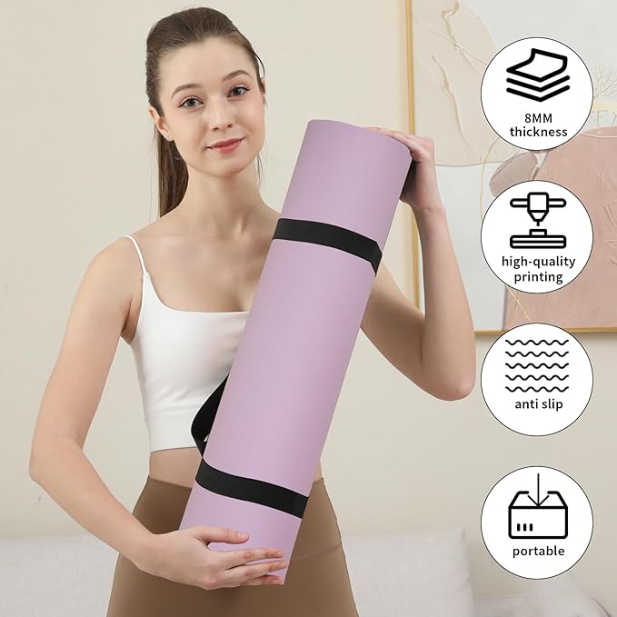 HAHE Yoga Mat Thick (8MM,1/3"), Eco-Friendly POE Non Slip Yoga Mat, High Rebound & Shock Absorption, Anti-Tear & Sweat-Resistant for Yoga, Fitness, Home, Workouts, Large Pilates Mats 72"x24" with Carrying Strap - Bloomnest