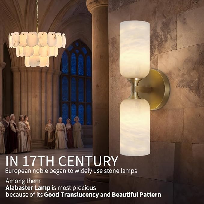 Alabaster Wall Sconces Set of Two, 14in Modern Spanish Natural Marble Bathroom Vanity Sconces, Brass Alabaster Sconce Wall Lighting, Gold Wall Light Fixtures Decor for Bedroom Living Room Staircases - Bloomnest