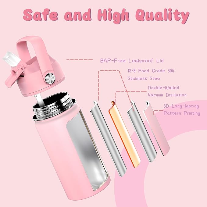 14oz Kids Insulated Water Bottle with Straw Lid - 18/8 Stainless Steel Kid Cup Travel Tumbler Double Wall Vacuum Leak Proof Portable Toddler Water Bottle (Pink+Purple） - Bloomnest