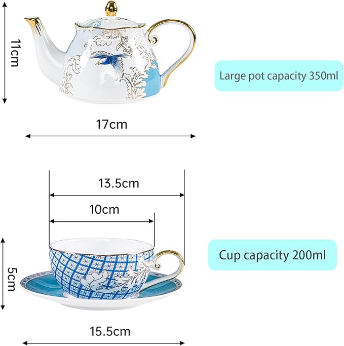 ACMLIFE Tea for One Teapot and Cup, Vintage Floral Porcelain Tea Set for One, Bone China Teapot with Cup Set, Tea Pot Gift for Women (Blue-B) - Bloomnest
