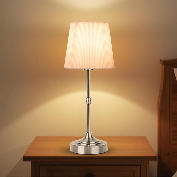 Rechargeable Table Lamp, Cordless Touch Lamps, Portable Desk Light with Stepless Dimmable Brightness & Fabric Shade for Nightstand Bedside Living Room (Silver, Twill) - Bloomnest
