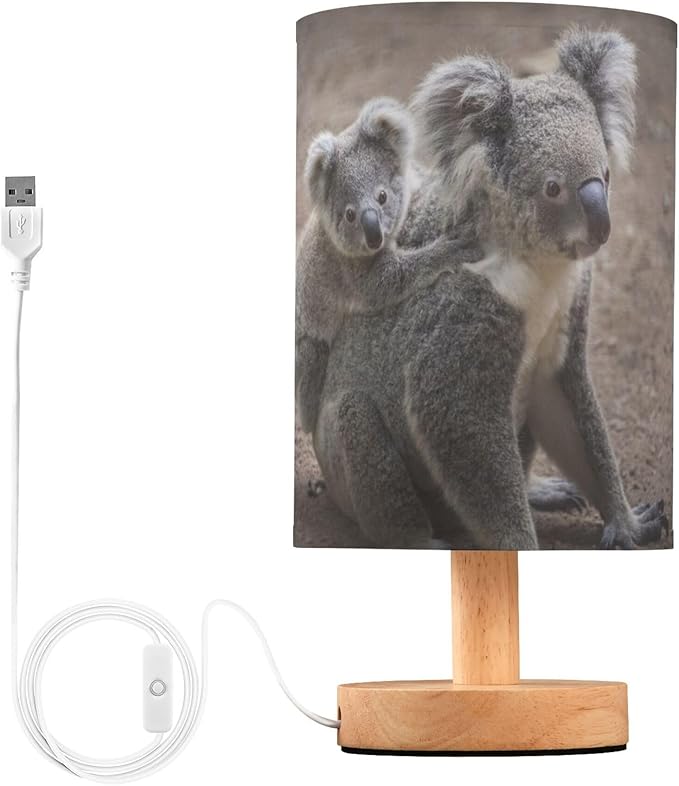 Table Lamp Cute Koala Bear and Mom Nightstand Lamp with Wood Base Fabric Lamp Shade Bedside Desk Lamp for Living Room Bedroom Kids Room Office - Bloomnest
