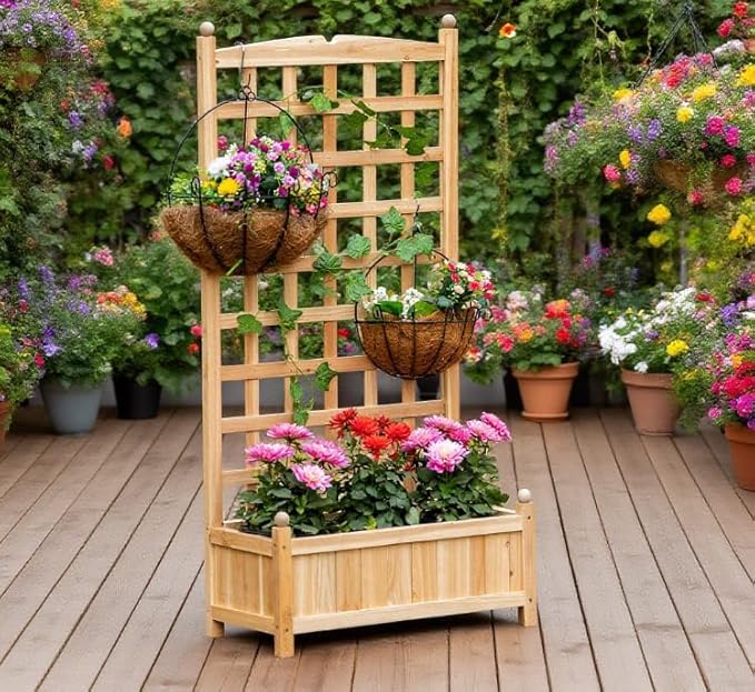 Wooden Raised Garden Planter Box with Trellis, 49.25" Height Flower Shelf Outdoor Plant Stand with Drainage, for Climbing Plants, Vegetables, Herbs, Natural Wood - Bloomnest