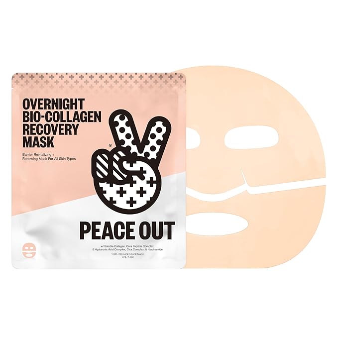 PEACE OUT Overnight Bio-Collagen Recovery Face Mask, Hydrating Overnight Sheet Mask with Vegan Collagen and Hyaluronic Acid, Helps Calm and Restore Skin, 1 Count - Bloomnest