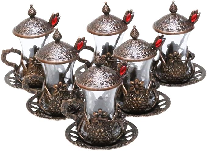 Alisveristime Handmade Turkish Tea Glass Set - Traditional Turkish Motifs, Set of 6 with Lids and Bonus Tea Spoons (Copper)