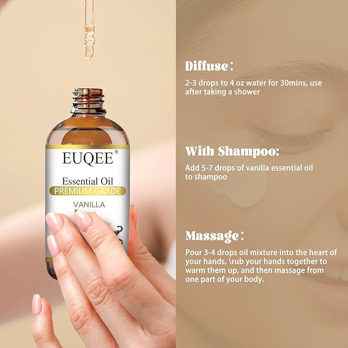 EUQEE 118ml Vanilla Essential Oil, Pure Vanilla Fragrance Essential Oil for Diffuser, Massage, DIY Soap,Candle Making, Skin & Hair Care - 4.0 Fl Oz EUQEE