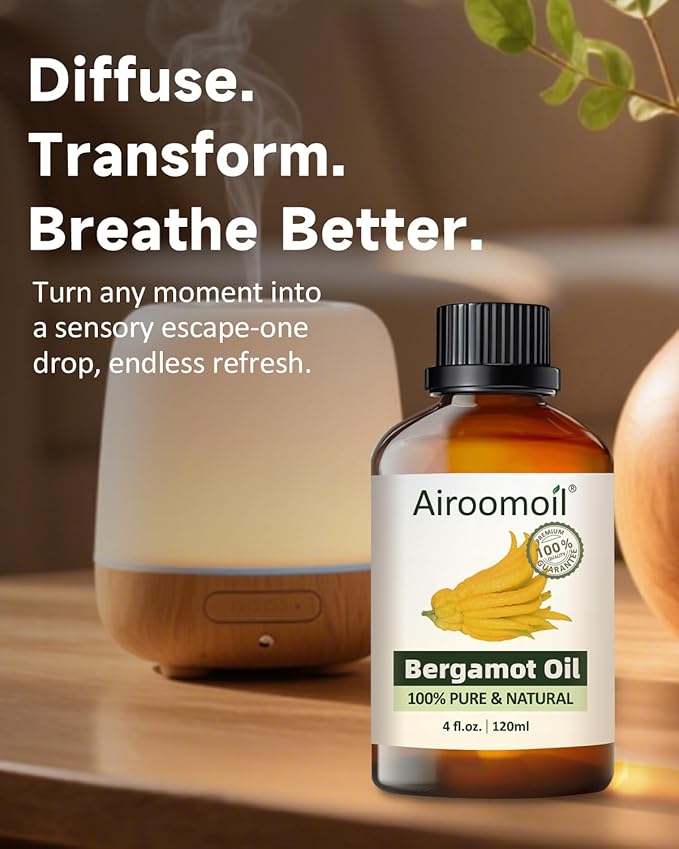 Pure Bergamot Essential Oil, 100% Natural Citrus Oil for Diffusers, DIY Candles, Soap Making, Massage & Aromatherapy, 4 fl oz | 120ml| Large Capacity Natural Fragrance Oil Airoomoil