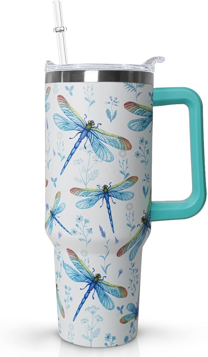 40 oz Dragonfly Tumbler With Lid and Straw - Water Bottle, Coffee Mug, Travel Cup - Gifts for Women, Ornament, Accessories - Bloomnest