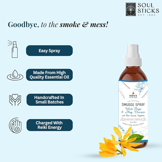 SOUL STICKS White Sage & Nag Champa Smudge Spray – 3.5oz Smokeless Cleansing Mist with Quartz Crystals – Spiritual Aromatherapy Spray for Meditation, Yoga, Home Energy Clearing & Relaxation SoulSticks