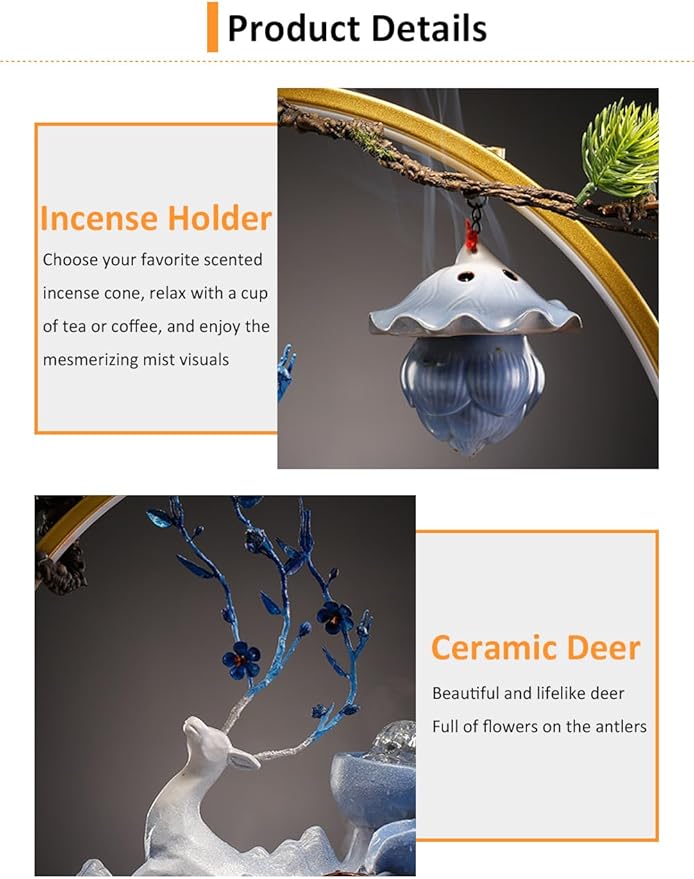 Deer Tabletop Water Fountain with LED Light Mist, Home Decor Includes Backflow Incense,Japanese Water Fountains for Meditation,Indoor Zen Decor for Office,Living Room or Bedroom (Blue)