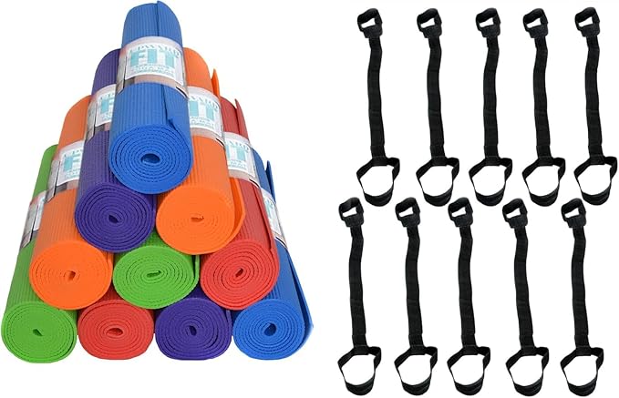 10-Pack Classic Yoga Mat With Carrying Strap, 68" x 24" Non Slip Exercise Mat, 4mm Thick Fitness Mat, Anti-Tear, Bulk Yoga Mats for Home Workout, Gym, School, or Studio - Bloomnest