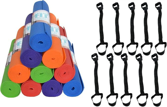 10-Pack Classic Yoga Mat With Carrying Strap, 68" x 24" Non Slip Exercise Mat, 4mm Thick Fitness Mat, Anti-Tear, Bulk Yoga Mats for Home Workout, Gym, School, or Studio - Bloomnest