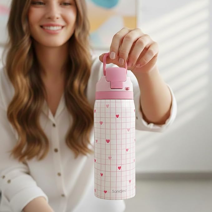 Heart Insulated Stainless Steel Water Bottle with Straw for Sports and Travel, 32oz, Gifts for Women Girls Friends Teens Birthday Christmas (Grid Background) - Bloomnest