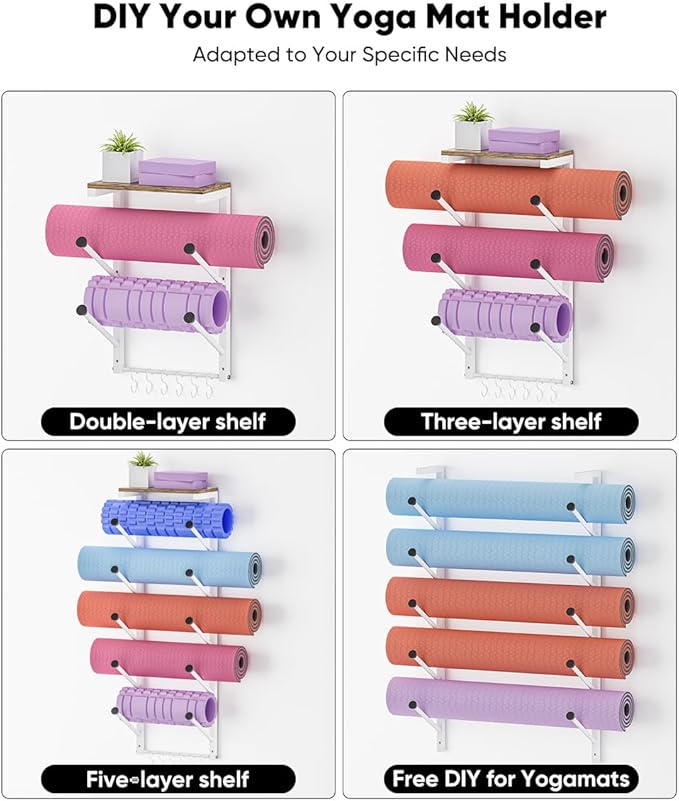 5 Tiers Yoga Mat Holder Rack Wall Mount with 6 Hooks for Hanging Accessory Yoga Strap Foam Rollers Resistance Bands, Yoga Mats Organizer with Floating Shelf for Home Gym Storage Fitness