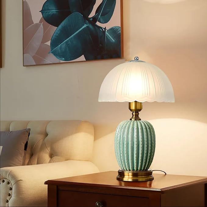 Large Table Light 3 Color Adjustable Ceramic Lamp Vintage Nightstand Lamps Dimmable Bedside Table Lamps for Living Room Bedroom Home Office (Green) - Bloomnest