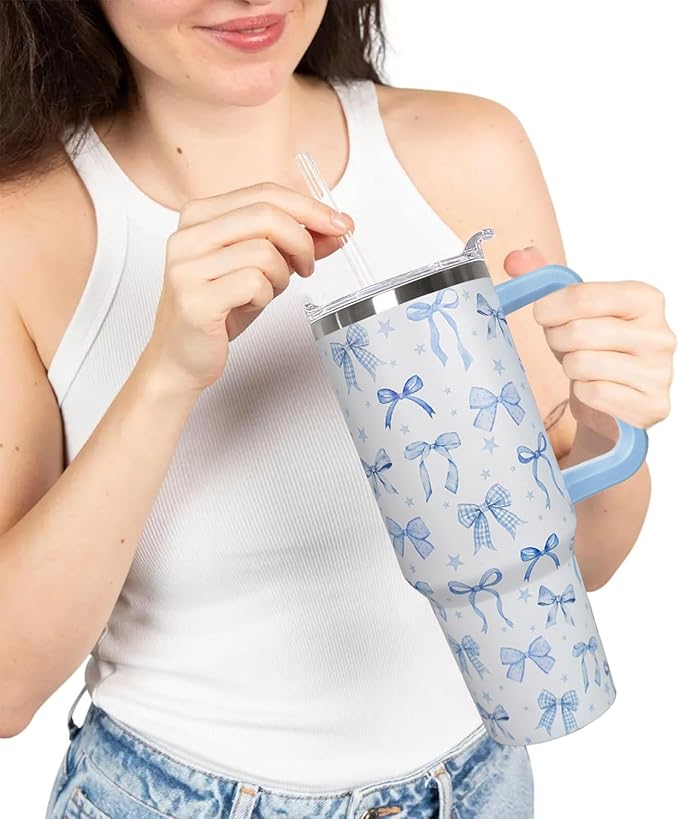 Ceovfoi 40 Oz Blue Bow Tumbler With Handle, Blue Bow Decor Coffee Travel Mug Cup Water Bottle, Gifts for Women Girls - Bloomnest