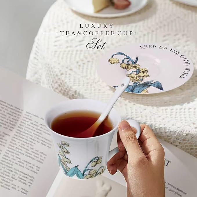 Tea Cup Set With 2 Tea Cups 2 Saucers And 2 Spoon 7 OZ Espresso Coffee Mug Vintage Creativetea Teacup And Saucer Set For Coffee,Tea,Latte, Cappuccino - Bloomnest
