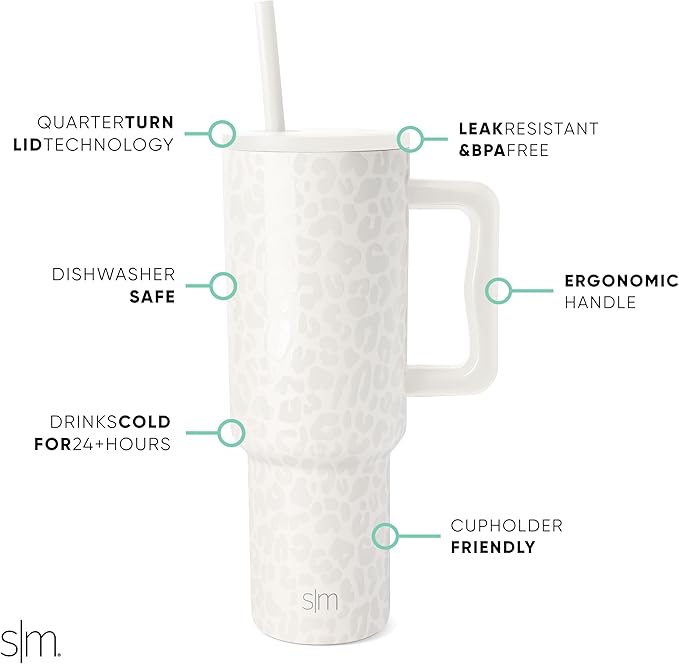 Simple Modern 40 oz Trek Tumbler with Handle and Straw Lid | Cup Holder Friendly Insulated Stainless Steel Travel Mug | Cream Leopard SimpleModern