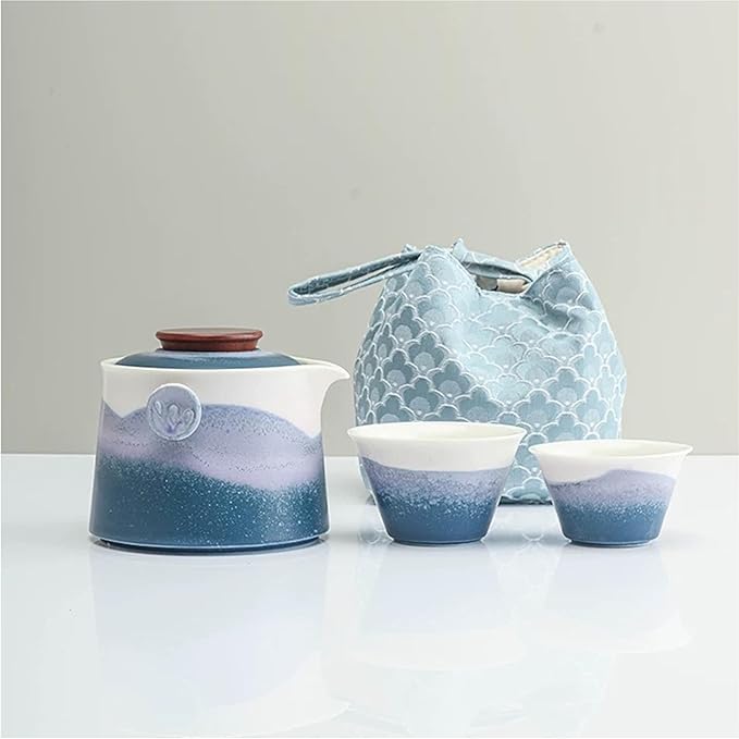 Hermit Life Chinese Travel Tea Set, Portable Ceramic Teapot for One to Two, Gongfu Tea Set with Color Gradient Design, 1 Pot 2 Cups, Gift for Tea Lovers (Azure Coast) - Bloomnest