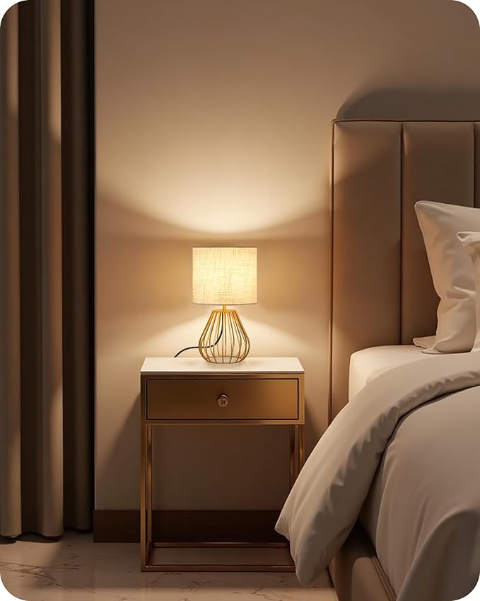 Gold Bedside Table Lamp, 12.6'' Small Table Lamp with Beige Linen Lampshade & Gold Teardrop Cage, Modern Little Cute Desk Lamp for Bedroom, Living Room, 2700K LED Bulb Included DE06TL05 - Bloomnest