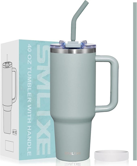 40 oz Tumbler with Handle and Straw Lid,Insulated Reusable Stainless Steel Water Bottle Travel Mug，Cupholder Friendly Double Wall Vacuum Sealed Cup (Shale) - Bloomnest