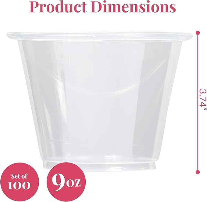 Prestee Clear Plastic Cups – 9oz Disposable PET Water, Wine, and Drink Glasses – Crystal Clear, Durable, Recyclable Party Cups – 100 Count for Holiday, Events, Coffee Shops, Restaurants - Bloomnest