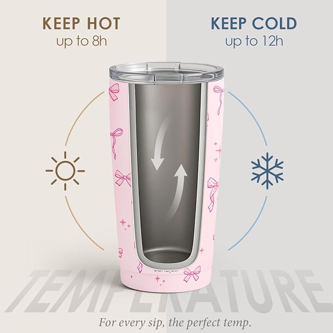 SANDJEST Bow Tumbler 20oz, Stainless Steel Travel Cup with Lid, Insulated Coffee Mug, Bow Gifts for Women Girls Friends Sisters on Birthday Christmas (Pink) - Bloomnest