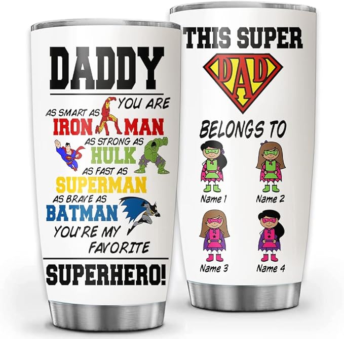 Custom Super Dad Personalized Tumbler Cup Father's Day Gift, Gift For Dad, Father, Papa, Grandpa 20oz Insulated Coffee/Tea Tumbler with Lid - Bloomnest