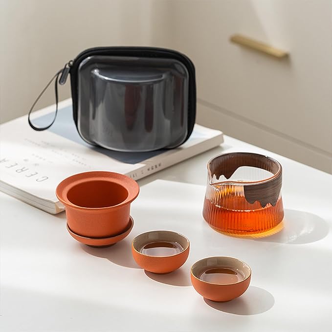 fanquare Ceramic Tea Pot Set for 2 Porcelain Kung Fu Tea Set with Mini Teacups Tea Infuser Portable Handbag for Travel Tea Pot with Wooden Protection Layer, Orange - Bloomnest