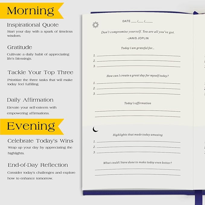 The Original Gratitude Journal with Inspiring Prompts & Quotes for Mindfulness, Reflection & Personal Growth - Daily Wellness Journal for Men & Women - Luxurious Linen Blue Cover Bloomnest