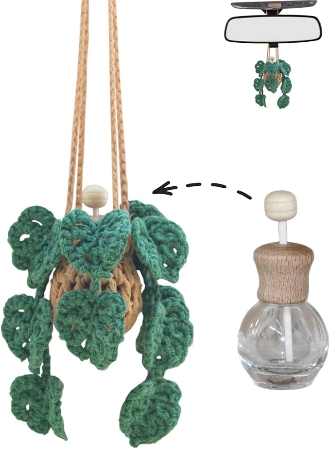 Cute Crochet Car Plant Monstera Essential Oil Diffuser Bottle - 12ml Refillable, Green Car Accessory for Mirror Decor and Home Decor - Bloomnest