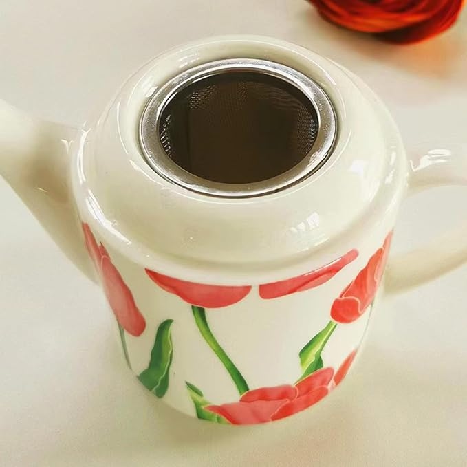 Ceramic Tea Set for Two, 13.6oz Teapot with Infuser, Stacked Kettle Two Cup and Saucer with Handpainted Flower Pattern, Office Home Gift for Women and Adults, Style 4 - Bloomnest