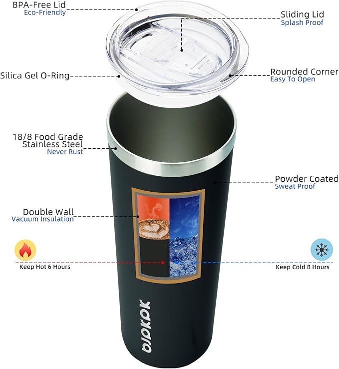 BJPKPK Black Skinny Stainless Steel Tumblers 20 oz Slim Insulated Reusable Coffee Travel Water Tumbler Cup With Lid - Bloomnest