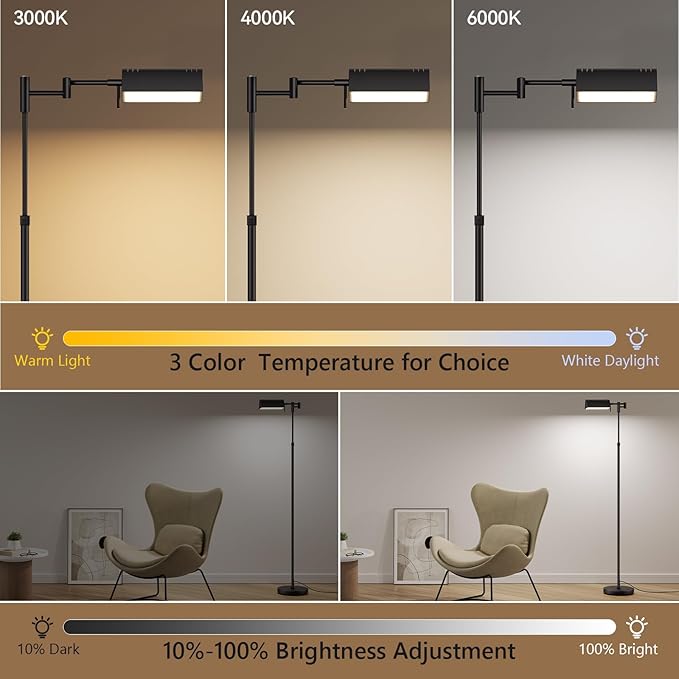 SUNMORY Dimmable LED Pharmacy Floor Lamp, 16W/1500LM Bright Reading Floor Lamp with Remote & Touch Control, 350°Swing Arm, Adjustable Task Craft Standing Lamp for Living Room Bedroom Office, Black - Bloomnest
