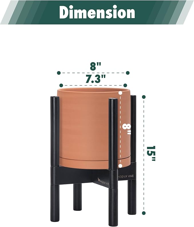 D'vine Dev Terracotta Planter with Ebony Stand - 8 Inch Modern Round Flower Pot with Wood Planter Holder, Terracotta, 55-B-M-5 - Bloomnest