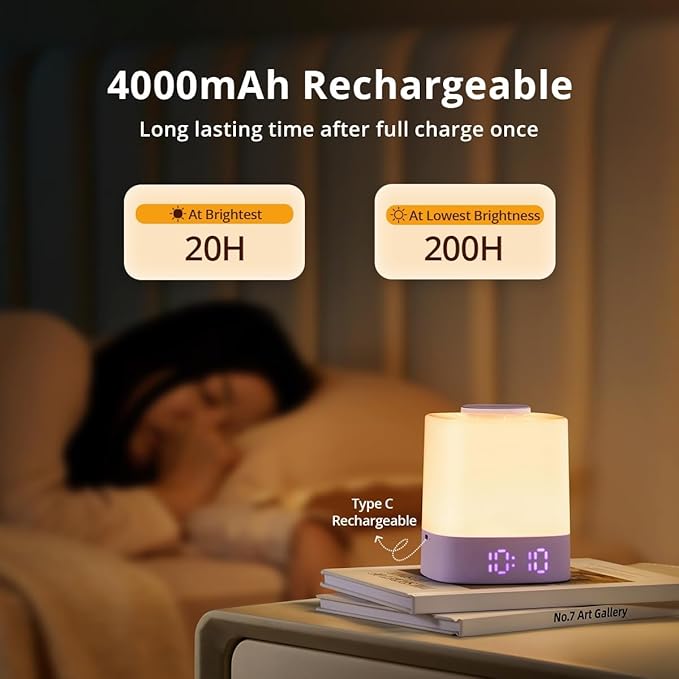 Lyridz LED Nursery Night Light with Clock, Portable Breastfeeding Table Lamp for Baby with Remote Control, 4000mAh Rechargeable Battery, Dimmable, 3 Color Temperature - Bloomnest