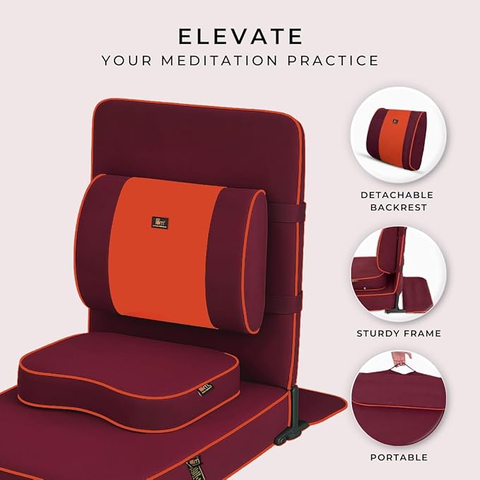 Friends Of Meditation Extra Large Meditation Chair | Floor Chair with Back Support | Yoga Chairs for Adults | Portable Folding Chair | Yoga Chair with Cushion & Meditation Block | Maroon | 24x22 in - Bloomnest