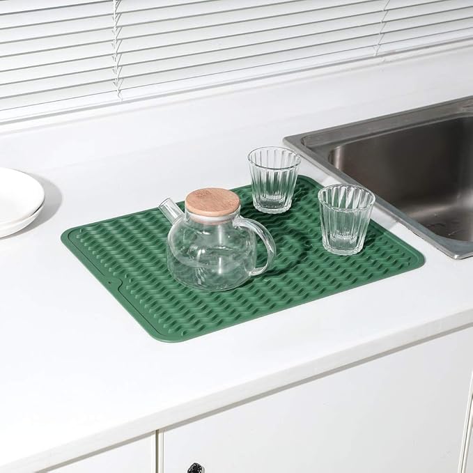 Silicone Dish Drying Mat for Multiple Usage,Easy clean,Eco-friendly,Heat-resistant Silicone Mat for Kitchen Counter or Sink,Refrigerator or drawer liner Green L 16 inches x 12 inches - Bloomnest
