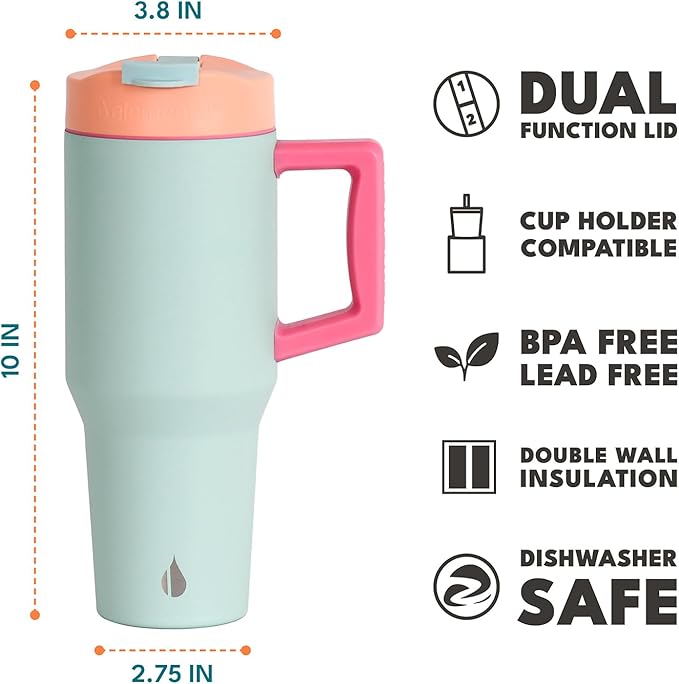 Elemental 32 oz 100% Leak Proof Tumbler with Handle & Straw - Stainless Steel Double Wall Insulated Tumbler for Hot and Cold Beverages - Travel Coffee Mug with Sip & Straw Lid - Mint Sorbet - Bloomnest