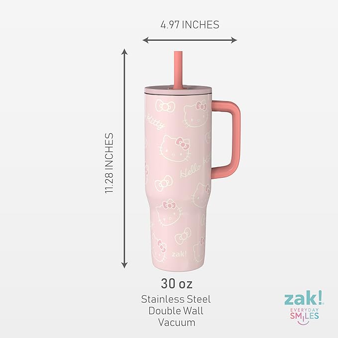 Zak Designs Sanrio Sutton Travel Tumbler for On the Go, 30oz Stainless Steel with Vacuum Insulation, Silicone Straw, and Carry Handle for Cold Drinks (Hello Kitty) - Bloomnest