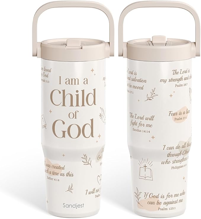 SANDJEST Christian Stainless Steel Straw Lid Tumbler 30oz with Carry Handle for Women Girls, Child of God Insulated Travel Coffee Cup, Gift for Sports Outdoor Workout Christmas Birthday - Bloomnest