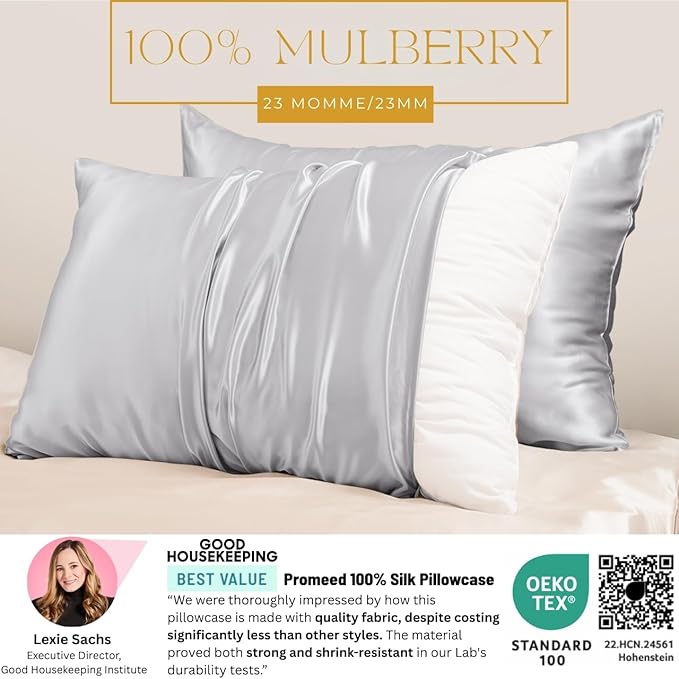 PROMEED 23 Momme Silk Pillowcase 2 Pack with Zipper, 3rd Gen Grade 6A+ 100% Mulberry Silk Pillow Case Set of 2, Cooling Pillow Cases for Hot Sleepers (King 20"x36", Light Grey) - Bloomnest