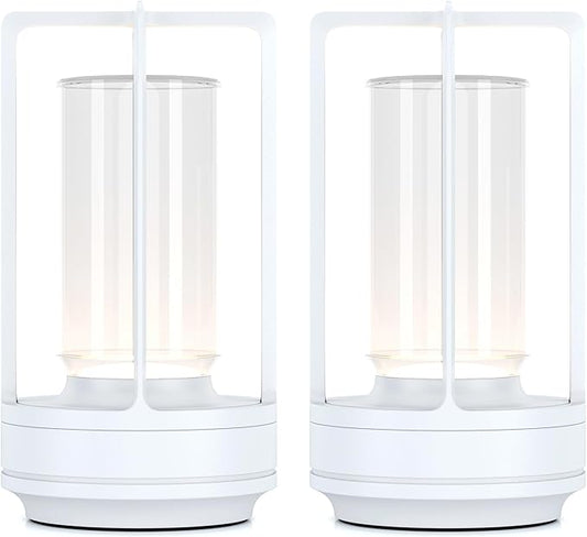 Portable Metal Table Lamp for Indoor/Outdoor ,Rechargeable Cordless LED Lamp, 3-Colour Infinitely Dimming Battery Powered Small Desk Lamp, Restaurant/Bedroom/Bar/Coffee/Camping Light (White Set of 2) - Bloomnest