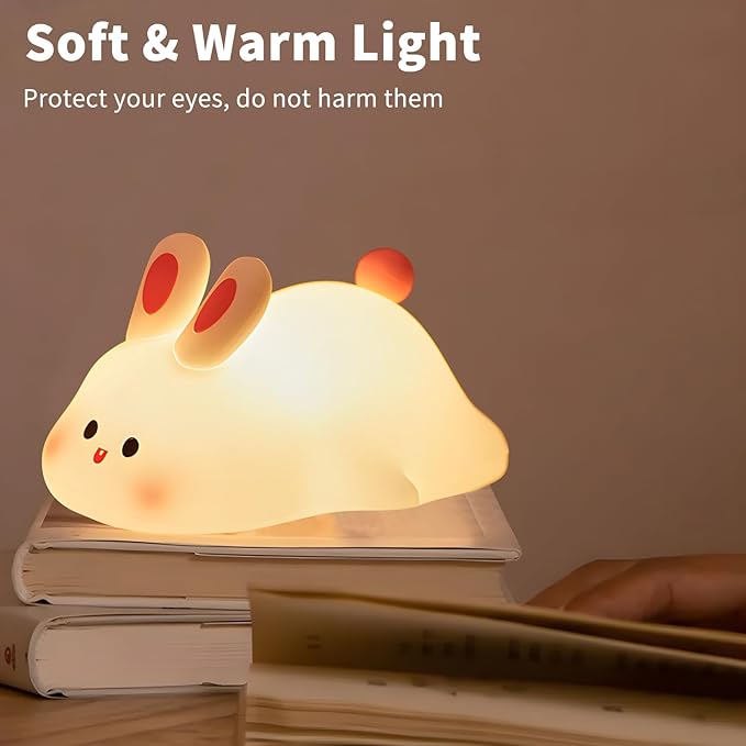Cute Rabbit Night Light,Squishy Animal Nightlamp,Rechargerable Dimmable Nursery Bunny Lamp Soft Silicone Table Bedroom Lamp Portable Adjustable Lighting Bedroom Bedside Gift - Bloomnest