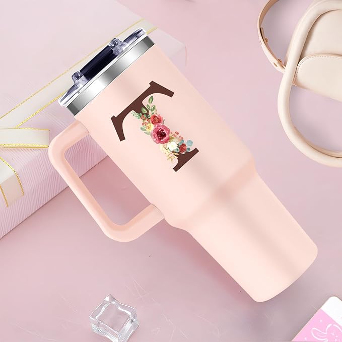 Monogrammed 40oz Tumbler with Handle for Women, Personalized Birthday Gifts for Women,Initial Cups for Woman Floral Letter T,Customized Gifts for Female Lady Gift for Mothers Day Christmas - Bloomnest