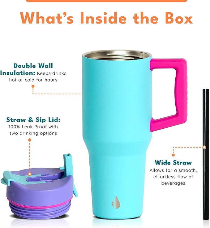 Elemental 32 oz 100% Leak Proof Tumbler with Handle & Straw - Stainless Steel Double Wall Insulated Tumbler for Hot and Cold Beverages - Travel Coffee Mug with Sip & Straw Lid - Blue Tie Dye - Bloomnest