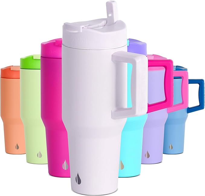Elemental 32 oz 100% Leak Proof Tumbler with Handle & Straw - Stainless Steel Double Wall Insulated Tumbler for Hot and Cold Beverages - Travel Coffee Mug with Sip & Straw Lid - White - Bloomnest
