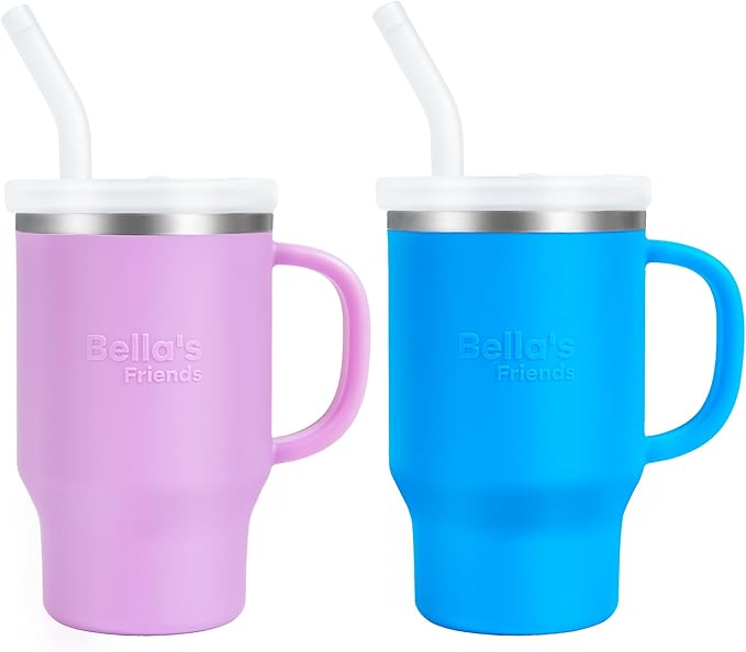 Bella's Friends Handy Mini Tumbler – Adorable 9 oz Toddler Sippy Cup, Stainless Interior & Silicone Body, Leak‑Proof, Dishwasher Safe, Gift for 1-3 Years Old Girls & Boys, 2 Pack, Lilac&Azure Blue - Bloomnest